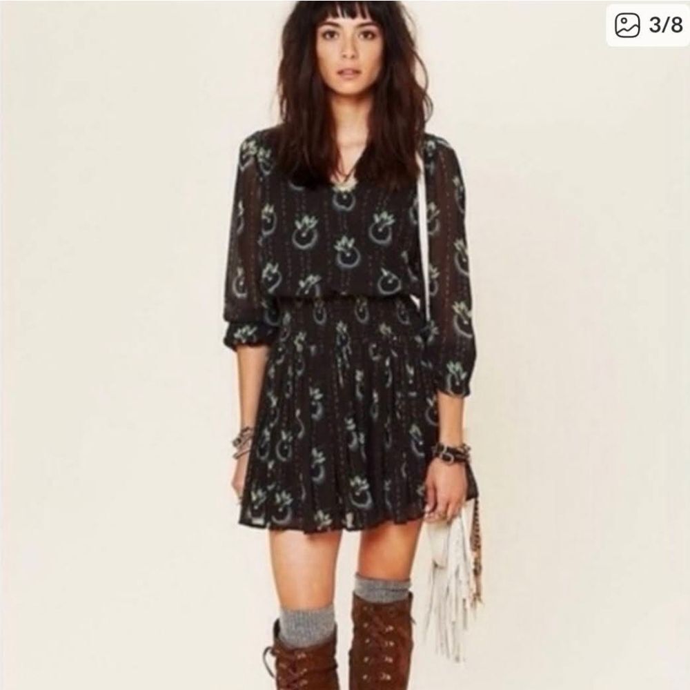 Free People Wild Horses Peacock Print Long Sleeve Mini Dress